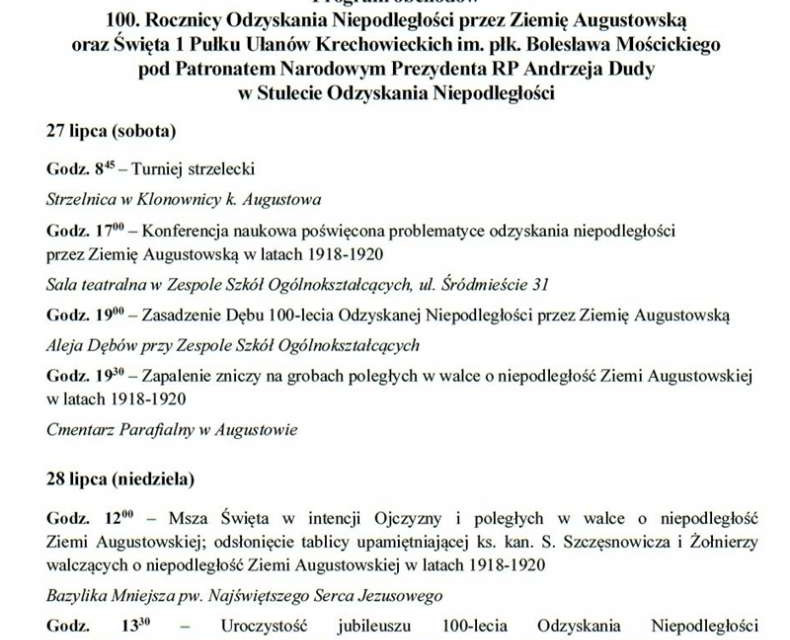 Zaproszenie na 100-lecie Odzyskania Niepodległości przez Ziemię Augustowską
