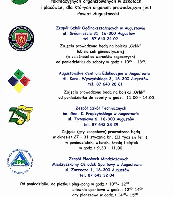 Informacja o zajęciach sportowo – rekreacyjnych, organizowanych w szkołach i placówce, dla których organem prowadzącym jest Powiat Augustowski
