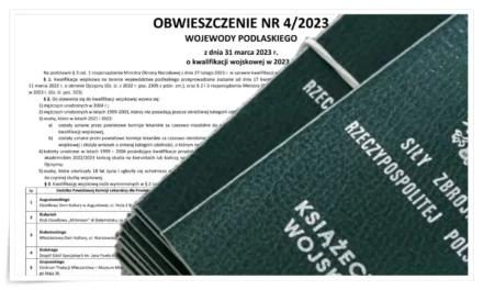 Obwieszczenie Nr 4/2023 Wojewody Podlaskiego z dnia 31 marca 2023 r. o kwalifikacji wojskowej w 2023 r.