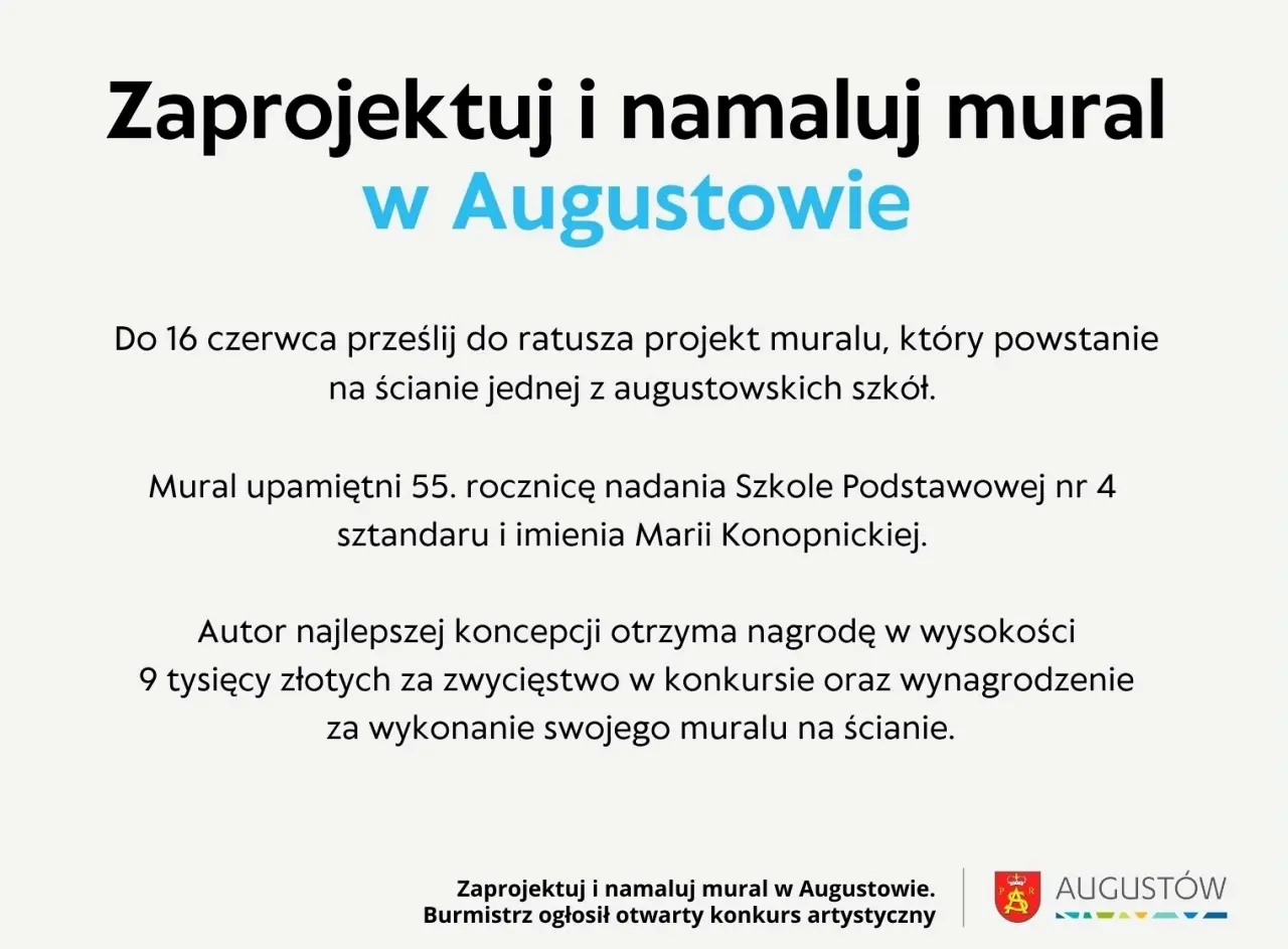 Augustów: Zaprojektuj i namaluj mural na ścianie Szkoły Podstawowej nr 4 im. Marii Konopnickiej w Augustowie.
