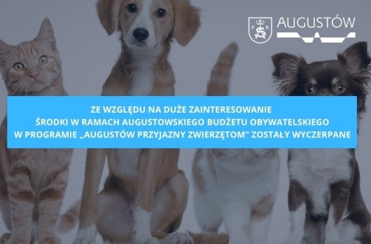 Ze względu na duże zainteresowanie środki w ramach Augustowskiego Budżetu Obywatelskiego w programie „Augustów Przyjazny Zwierzętom” zostały wyczerpane